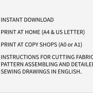 Puede incluir: Una lista de instrucciones para imprimir y ensamblar un patr&oacute;n de costura. El texto incluye "INSTANT DOWNLOAD", "IMPRIMIR EN CASA (A4 & US LETTER)", "IMPRIMIR EN COPISTER&Iacute;AS (A0 o A1)" y "INSTRUCCIONES PARA CORTAR LA TELA, ENSAMBLAR EL PATR&Oacute;N Y DIBUJOS DE COSTURA DETALLADOS EN INGL&Eacute;S."