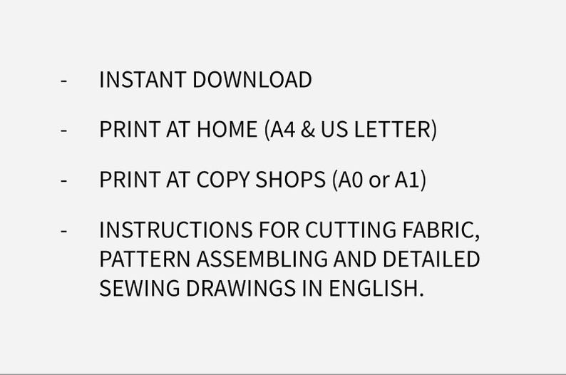 Puede incluir: Una lista de instrucciones para imprimir y ensamblar un patr&oacute;n de costura. El texto incluye "INSTANT DOWNLOAD", "IMPRIMIR EN CASA (A4 & US LETTER)", "IMPRIMIR EN COPISTER&Iacute;AS (A0 o A1)" y "INSTRUCCIONES PARA CORTAR LA TELA, ENSAMBLAR EL PATR&Oacute;N Y DIBUJOS DE COSTURA DETALLADOS EN INGL&Eacute;S."