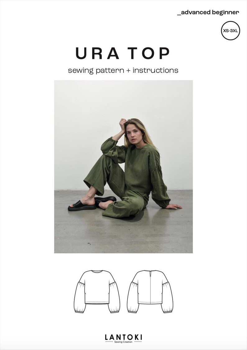 Puede incluir: Un patr&oacute;n de costura para una blusa verde de manga larga llamada "URA TOP". El patr&oacute;n incluye instrucciones y est&aacute; disponible en tallas XS-3XL. La imagen muestra un boceto plano de la blusa desde el frente y la espalda.