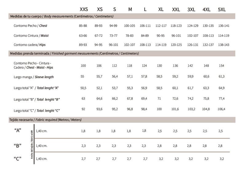 K&ouml;nnte beinhalten: Eine Tabelle mit Ma&szlig;en f&uuml;r verschiedene Kleidungsgr&ouml;&szlig;en. Die Tabelle enth&auml;lt Ma&szlig;e f&uuml;r Brust, Taille, H&uuml;fte, &Auml;rmell&auml;nge und Gesamtl&auml;nge. Die Tabelle enth&auml;lt auch die ben&ouml;tigte Stoffmenge f&uuml;r jede Gr&ouml;&szlig;e.