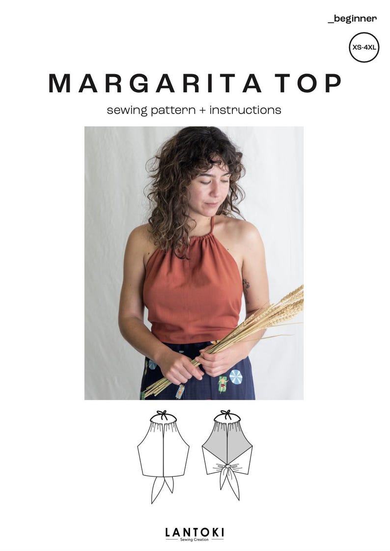 Puede incluir: Un patr&oacute;n de costura para un top halter llamado "Margarita Top". El patr&oacute;n es para tallas XS-4XL y est&aacute; etiquetado como un proyecto para principiantes. El patr&oacute;n incluye instrucciones y un dibujo lineal del top.
