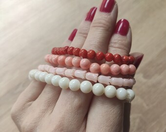 Coral set of four, stretchy bracelets, beaded bracelets