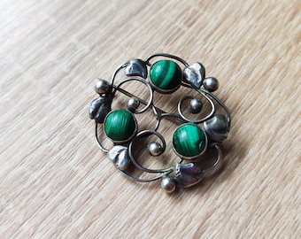 20's-30 Antique Vintage Silver Brooch with Malachite cabochons