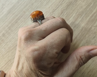 銀と琥珀の指輪。1950年代、ポーランド - Etsy 日本