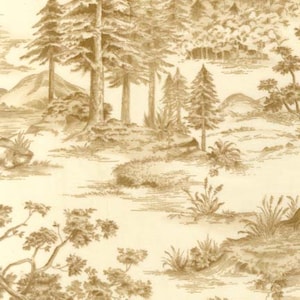 May include: A sepia-toned toile pattern featuring a detailed forest scene. The design includes trees, mountains, and various plant life, creating a classic, nature-inspired aesthetic. The overall color palette is a warm, neutral tone.