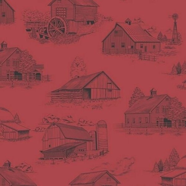 Quilting Treasures fabric Homestead 1649  27011  R Red Barn toile. %100 Color Quality Cotton by Fat 1/4 Yd and YARDAGES  x