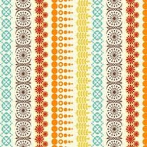 May include: A seamless pattern with repeating vertical stripes of different geometric designs. The stripes feature red, orange, yellow, blue, and brown colors. The designs include circles, flowers, and squares.