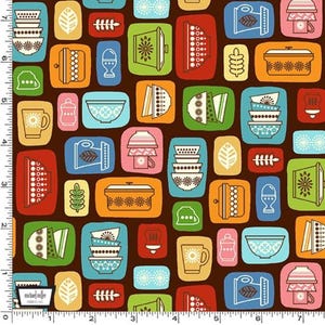 May include: A brown background with a repeating pattern of colorful kitchenware, including bowls, plates, and lids. The pattern is in a retro style with geometric shapes and bold colors.