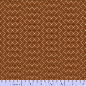 May include: A brown fabric with a repeating pattern of white diamonds and black dots. The fabric is measured with a ruler in inches.