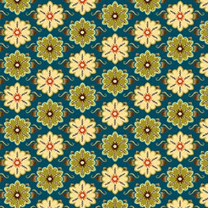 May include: A repeating pattern of stylized flowers in shades of yellow, green, orange, and brown on a teal background.