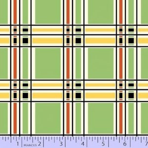 May include: Green, yellow, white, and black plaid fabric with a red stripe. The fabric is shown on a ruler with markings in inches.