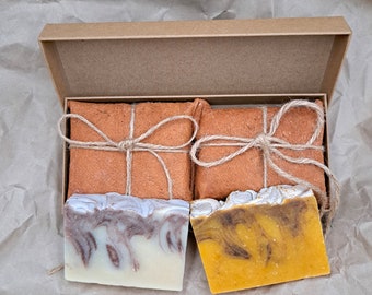 Orange, Cinnamon and Spice Natural Soap Wellness Gift Box Gift Wrapped with Barkcloth