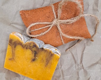 Sweet Orange & Cinnamon Natural Handmade Soap Bar Gift Wrapped with Barkcloth