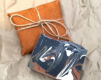 Charcoal with Lime, Ginger & Patchouli Natural Handmade Soap Bar Gift Wrapped with Barkcloth