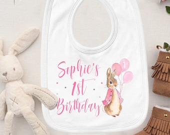 Personalised Flopsy Rabbit 1st Birthday Bib, First Birthday Gift, 1st Birthday Peter Rabbit, Baby Girl Gift Pink