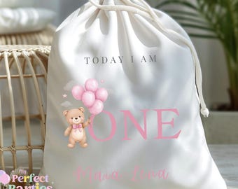 Personalised Pink Teddy Bear Birthday Sack, Custom Name Linen Gift Bag for Girls, Any Age Birthday Keepsake