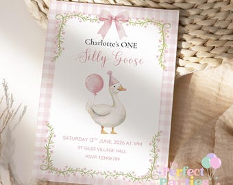 Personalised One Silly Goose Pink Birthday Invitations Pack of 10 with Envelopes, Goose Birthday Party Invites, Pink Goose Theme