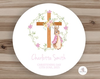 Personalised Flopsy Rabbit Christening Stickers - Pink Flopsy Rabbit Baptism Stickers - Thank You Seals - PACK OF 35