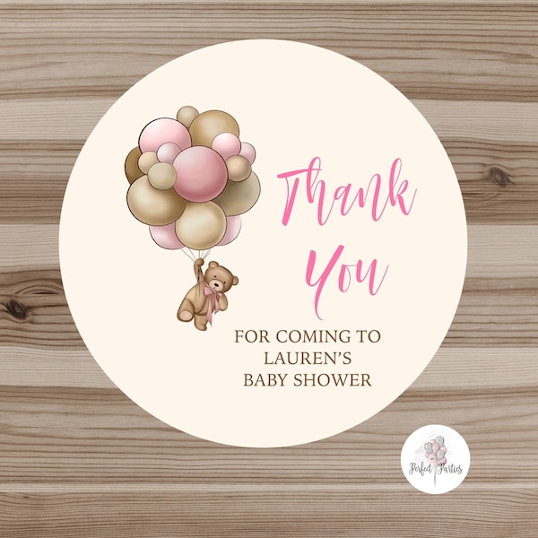 Personalised Pink Girl Teddy Bear Baby Shower Stickers Thank You Seals -  Pink Teddy  Bear Birthday Party Stickers - PACK OF 35