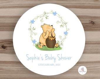 Personalised Winnie the Pooh Blue Baby Boy Baby Shower Stickers - Thank You Seals - PACK OF 35