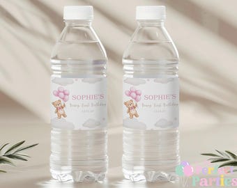 Pink Teddy Bear Water Bottle Labels & Fruit Shoot Wrappers – Pack of 6 – Birthday Party Drink Wraps