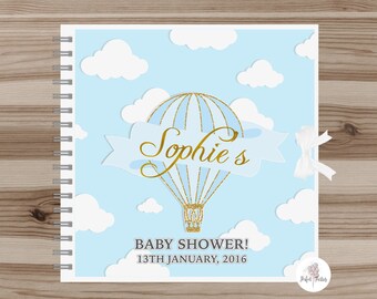 Personalised Blue Hot Air Balloon Baby Shower Guest Book, Blue Hot Air Balloon Birthday Party Guest Book.