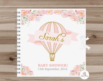 Personalised Pink Hot Air Balloon Baby Shower Guest Book, Pink Hot Air Balloon Baby Shower Favour Keep Sake