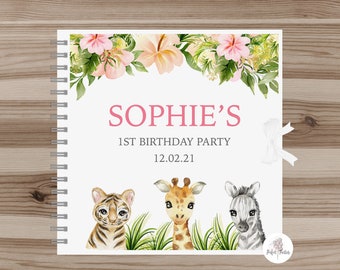 Personalised Pink Jungle Safari Animal Birthday Party Guest Book, Jungle Animals Birthday Party Keep Sake.