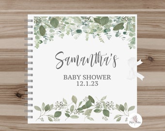 Personalised Green Foliage Neutral Baby Shower Guest Book, Green Floral Neutral Eucalyptus Baby Shower.