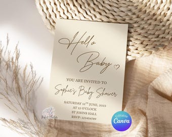 Faire-part de baby shower minimaliste neutre modifiable – Téléchargement instantané – Temp numérique pour le 1er anniversaire