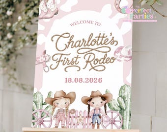 Pink My First Rodeo Cow Girl Welcome Sign – Personalised Party Sign (Poster or Foam Board) - Pink First Birthday Sign