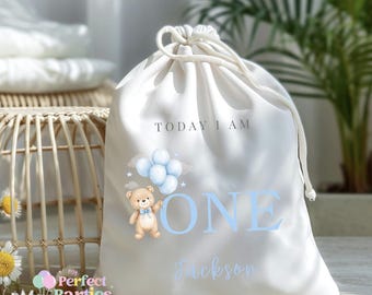 Personalised Blue Teddy Bear Birthday Sack, Custom Name Linen Gift Bag for Boys, Any Age Birthday Keepsake