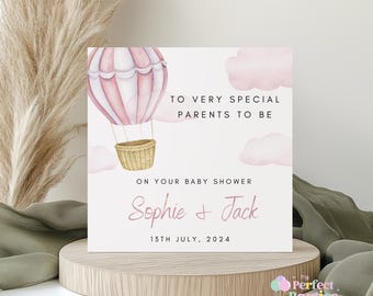 Pink Hot Air Balloon Baby Shower Card | Cute Pink Balloon Theme New Baby Card | Baby Girl Congratulations Card