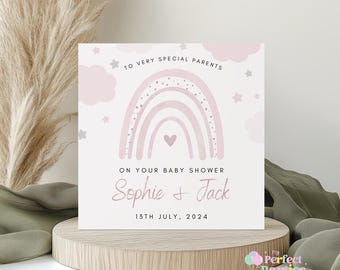 Pink Rainbow Baby Shower Card | Cute Baby Girl Rainbow Theme New Baby Card | Baby Girl Gender Reveal Baby Shower Congratulations Card
