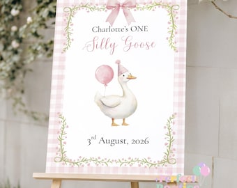 Personalised One Silly Goose Pink Welcome Sign, Personalised Foam Board Birthday Sign, Goose Party Welcome Board, First Birthday