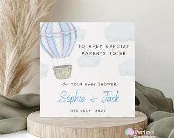 Blue Hot Air Balloon Baby Shower Card | Cute Blue Balloon Theme New Baby Card | Baby Boy Congratulations Card