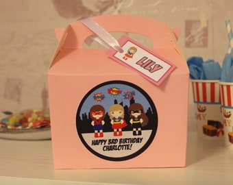 Personalised Girl Superhero Party Box Lunch Favour Gift Box Bag Party Box