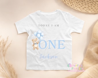 Personalised Blue Teddy Bear Birthday Shirt – Today I Am 1 2 3 4 Toddler T-Shirt – First Birthday Outfit – Kids Birthday T-Shirt