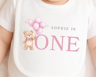 Personalised 1st Birthday Bib, Teddy Bear Design, Baby Girl Gift