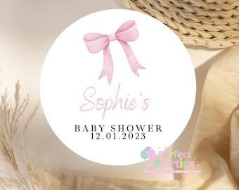 Stickers personnalisés de remerciement pour baby shower avec un nœud rose – Baby shower, anniversaire (paquet de 35)