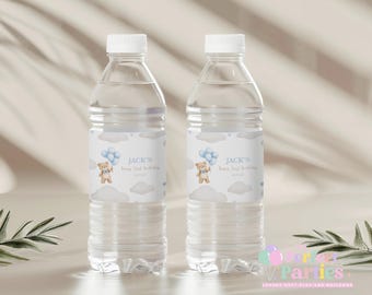 Blue Teddy Bear Water Bottle Labels & Fruit Shoot Wrappers – Pack of 6 – Birthday Party Drink Wraps