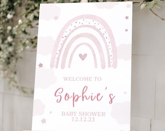 Personalised Pink Rainbow Baby Shower Welcome Sign | Boho Girl Party Sign (Poster or Foam Board)