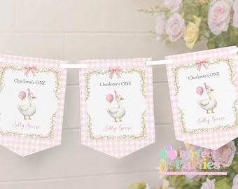 ONE Silly Goose Birthday Bunting Banner | ONE Silly Goose Pink Birthday Decorations | Personalised Name | 3m Party Garland