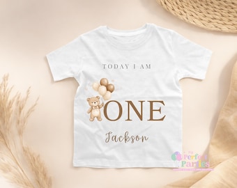 Personalised Neutral Teddy Bear Birthday Shirt – Today I Am 1 2 3 4 Toddler T-Shirt – First Birthday Outfit – Kids Birthday T-Shirt