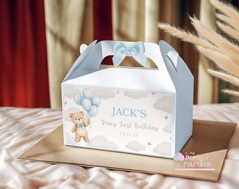 Personalised Blue Teddy Bear Party Box, Baby Boy Birthday Gift Box, Teddy Bear Party Favour Lunch Box | Blue Teddy Loot Box