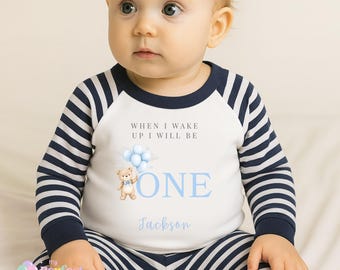 Personalised Baby Birthday Pyjamas | Blue Teddy Bear When I Wake Up PJs | 1st 2nd 3rd Birthday Sleepwear