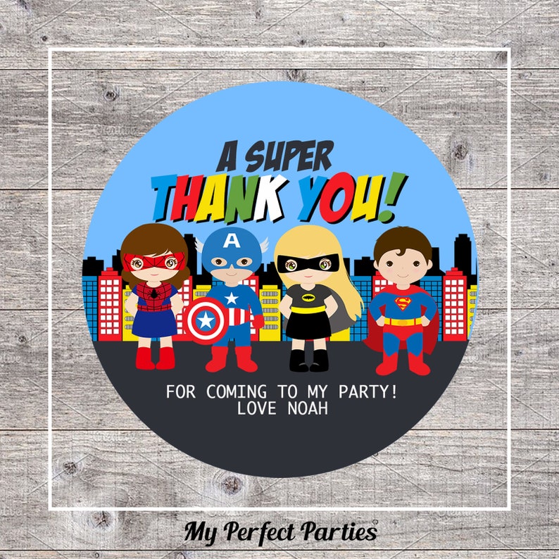 Personalised Girl and Boy Superhero Birthday Party Stickers Thank You Seals - PACK OF 35 