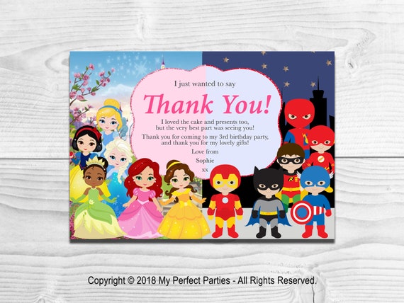 Princess and Superhero Thank You CardsPersonalised Kids Favours /& Envelopes