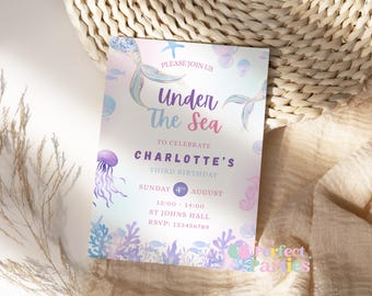 Personalised Mermaid Birthday Party Invitations | Pastel Under the Sea Theme | Mermaid Tails | Children’s Birthday Invites | Pack of 10