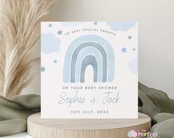 Blue Rainbow Baby Shower Card | Cute Baby Boy Rainbow Theme New Baby Card | Baby Boy Gender Reveal Baby Shower Congratulations Card